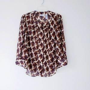 Villager Brown Tan Large Houndstooth Print Blouse Lightweight Sheer Size 12 XL
